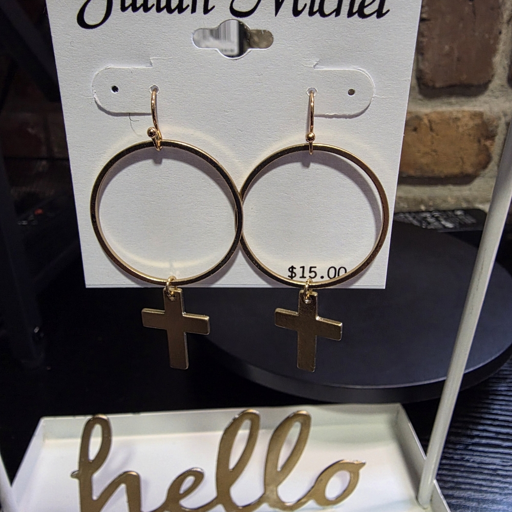 Jillian Michel Gold Cross Dangle Earrings